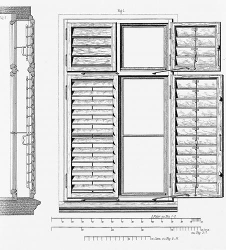 Fenster mit Jalousienladen links mit geöffneten-Brettchen