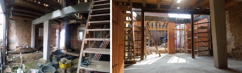 Küchen- und Essbereich vor und während der Sanierung